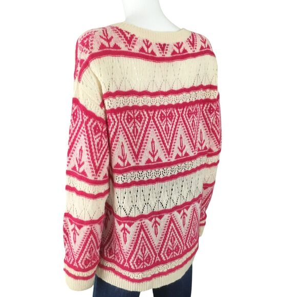 Sundance Brixen Fair Isle V-Neck Sweater Size M Wool Blend Pointelle Pink White - Picture 5 of 16